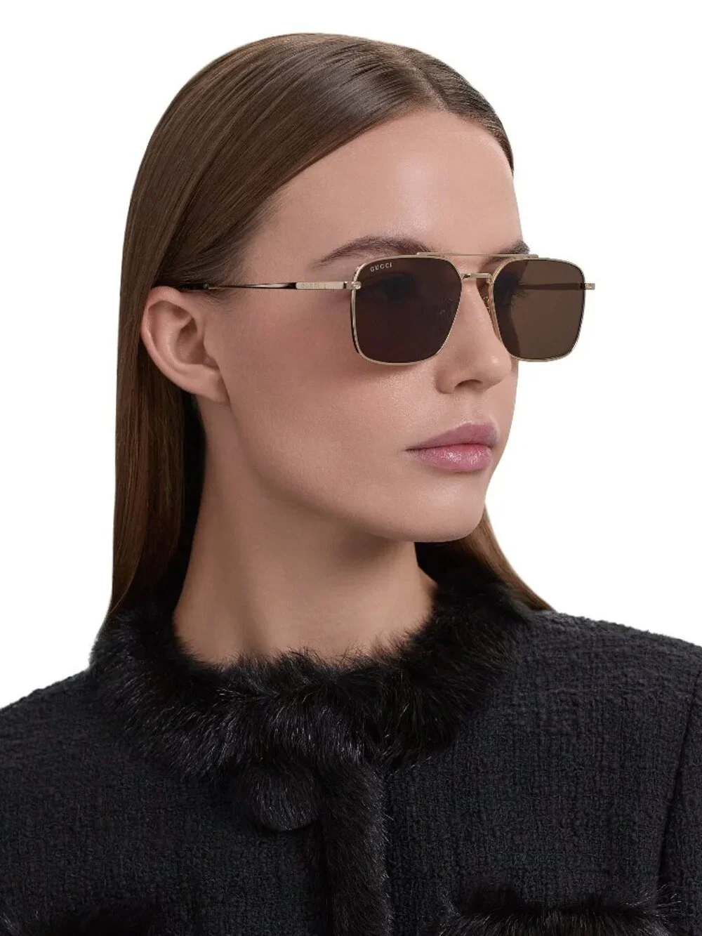 Gucci Women Sunglasses Gold Brown Rectangular GG1957SA 002 NEW AUTHENTIC